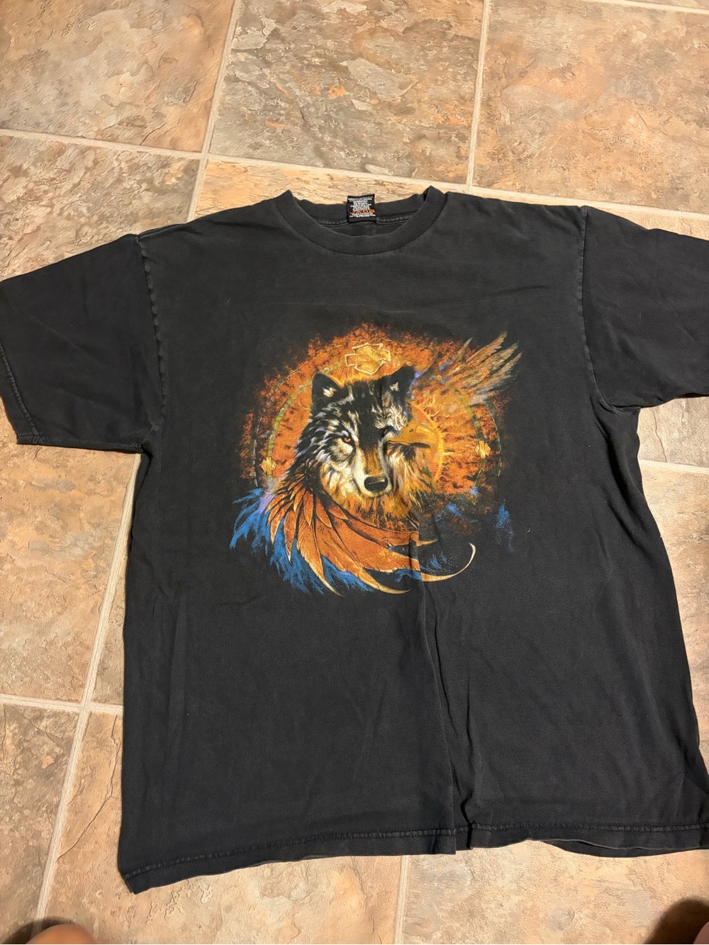 Harley-Davidson Black Tee with Orange & Blue Wolf Graphic XL